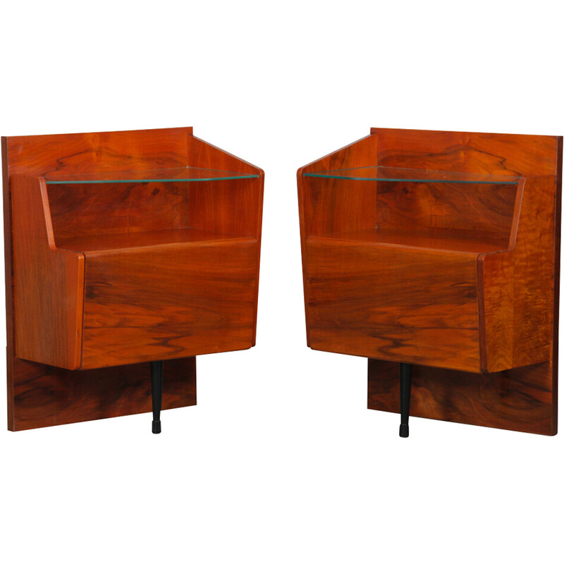 Pair of vintage bedside tables in wood and glass, 1960