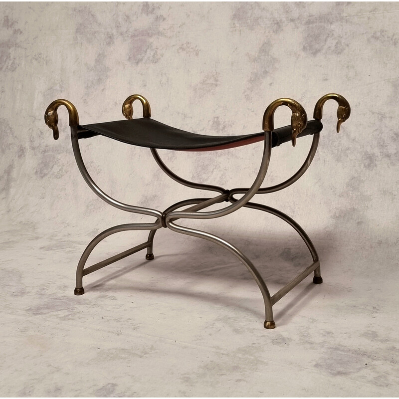 Vintage Curule Hocker aus Metall und Bronze für La Maison Jansen, Frankreich 1950
