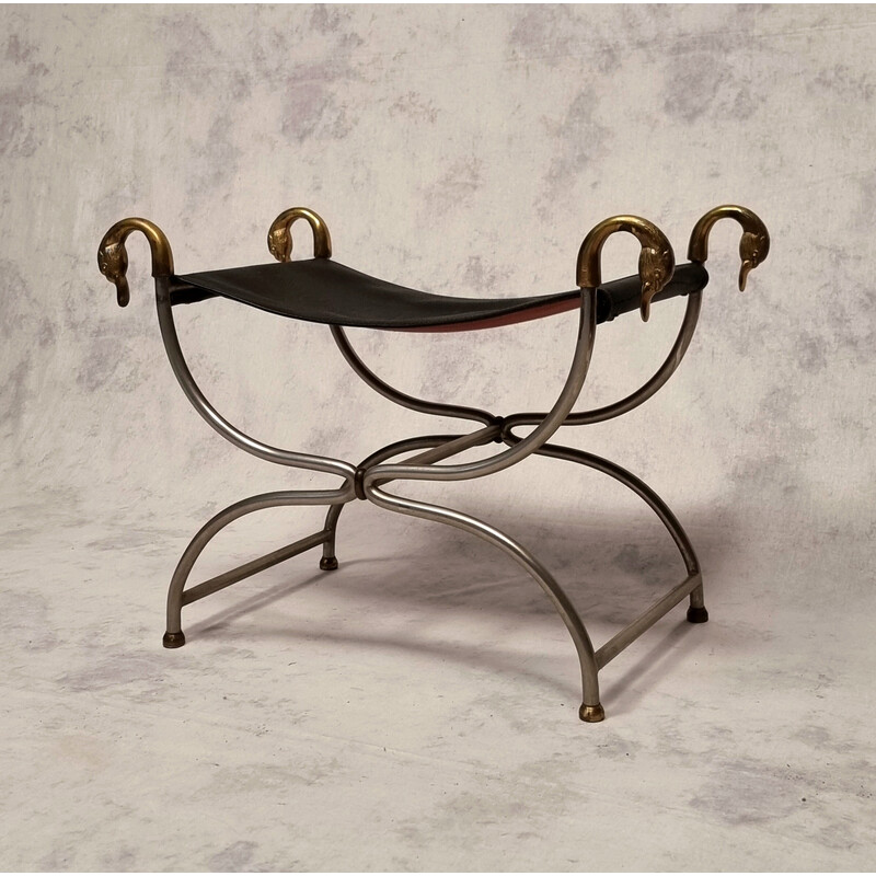 Vintage Curule stool in metal and bronze for La Maison Jansen, France 1950