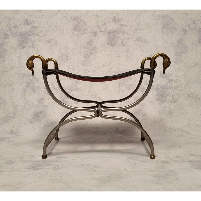 Vintage Curule stool in metal and bronze for La Maison Jansen, France 1950
