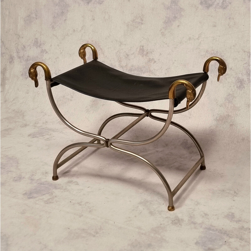 Vintage Curule Hocker aus Metall und Bronze für La Maison Jansen, Frankreich 1950