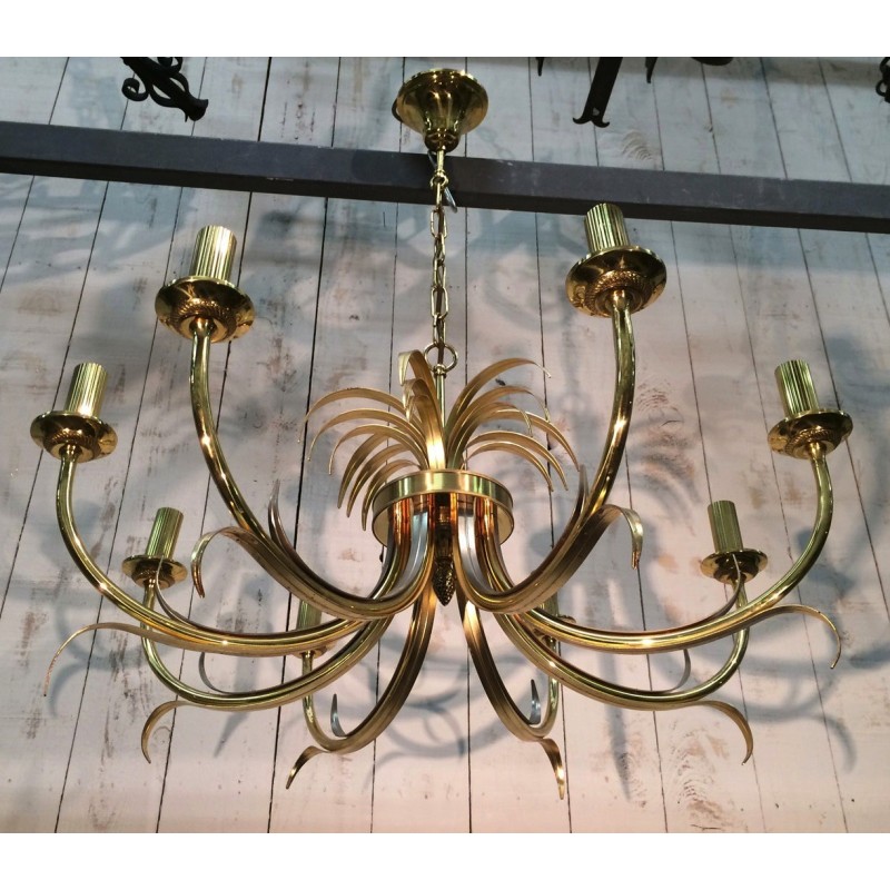 Vintage pineapple chandelier in brushed metal and gold metal, France 1970