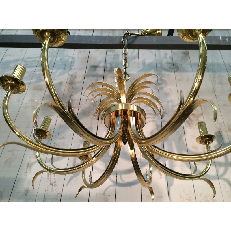 Vintage pineapple chandelier in brushed metal and gold metal, France 1970