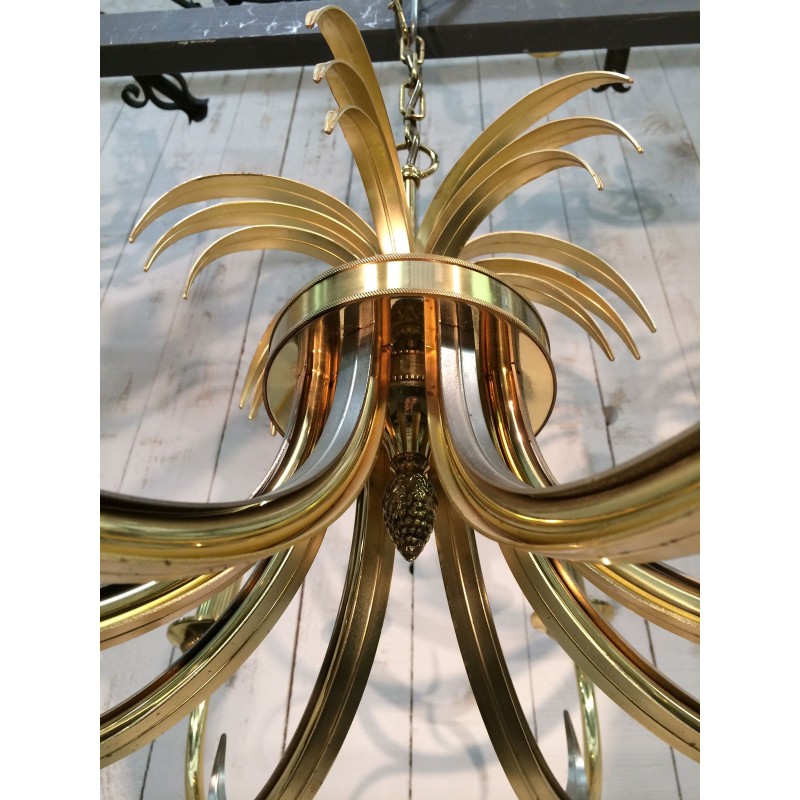 Vintage pineapple chandelier in brushed metal and gold metal, France 1970