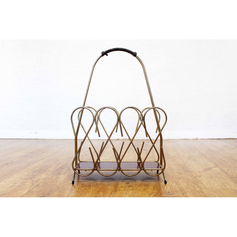 Vintage magazine rack in gold metal and imitation leather, 1960