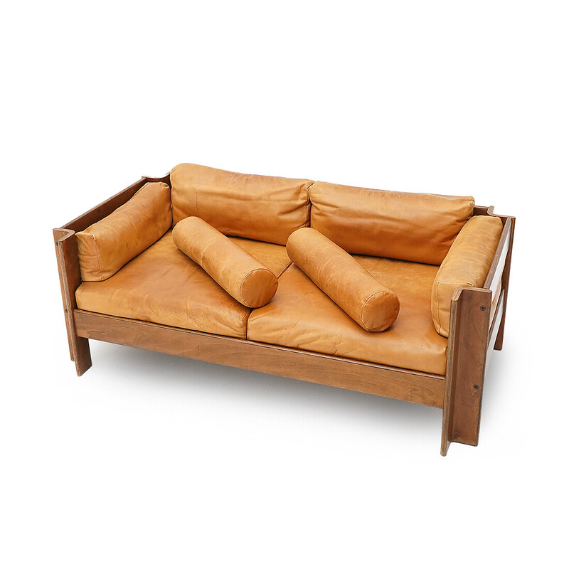 Vintage "Zelda" 2-seater sofa in plywood and leather by Sergio Asti for Poltronova, 1960