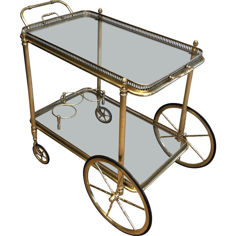 Vintage brass rolling table with double removable tops for La Maison Bagués, France 1940