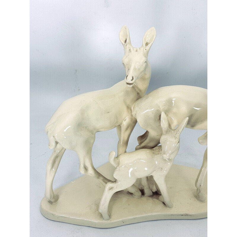 Sculpture vintage représentant une famille de cerfs en céramique, Italie 1950