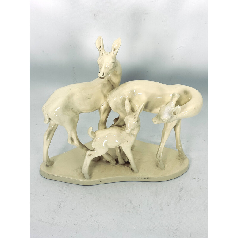Escultura vintage que representa una familia de ciervos de cerámica, Italia años 50