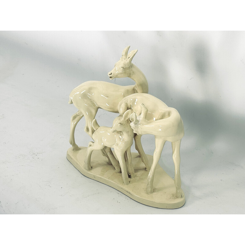Sculpture vintage représentant une famille de cerfs en céramique, Italie 1950