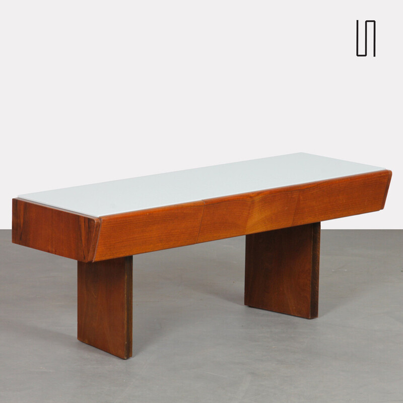 Vintage low console in wood and opalized glass by Mojmir Pozar for UP Zavody, Czechoslovakia 1960