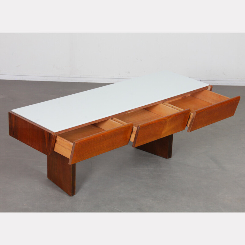 Vintage low console in wood and opalized glass by Mojmir Pozar for UP Zavody, Czechoslovakia 1960