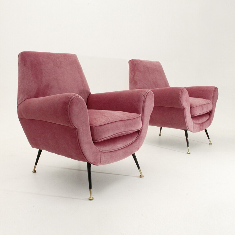 Pair of Italian pink velvet armchairs - 1950s