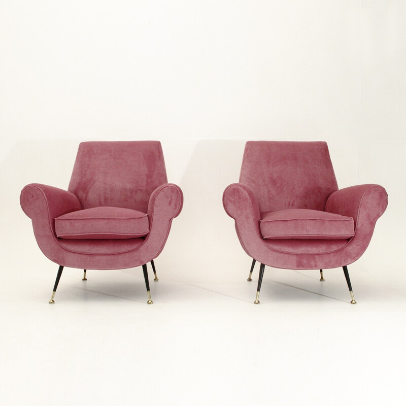Pair of Italian pink velvet armchairs - 1950s