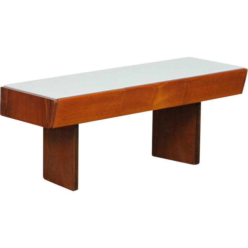 Vintage low console in wood and opalized glass by Mojmir Pozar for UP Zavody, Czechoslovakia 1960