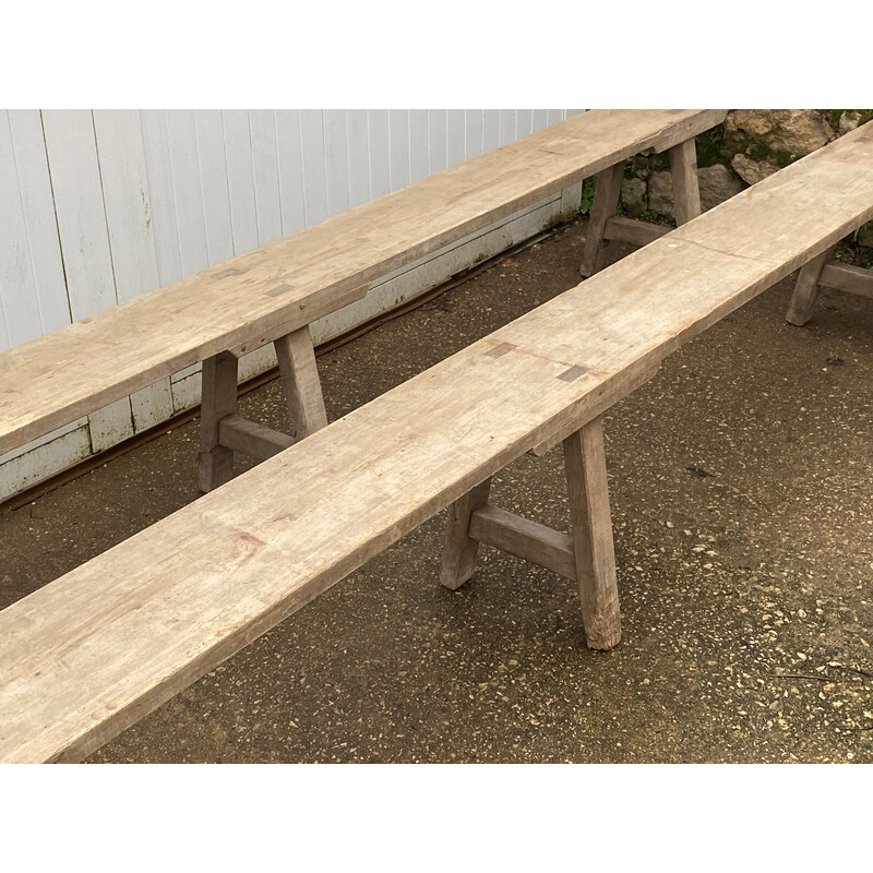 Pair of vintage solid wood farm benches, 1900