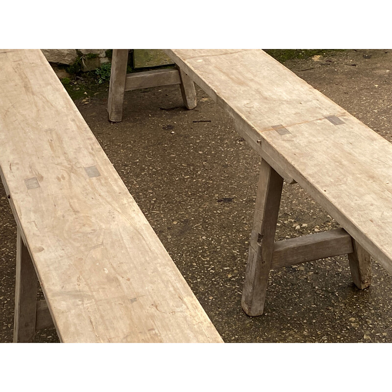 Pair of vintage solid wood farm benches, 1900