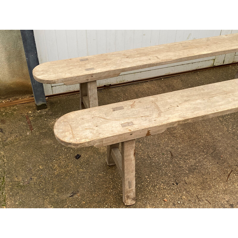 Pair of vintage solid wood farm benches, 1900