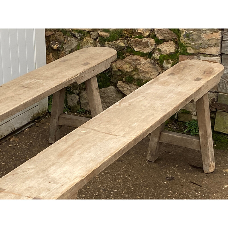 Pair of vintage solid wood farm benches, 1900