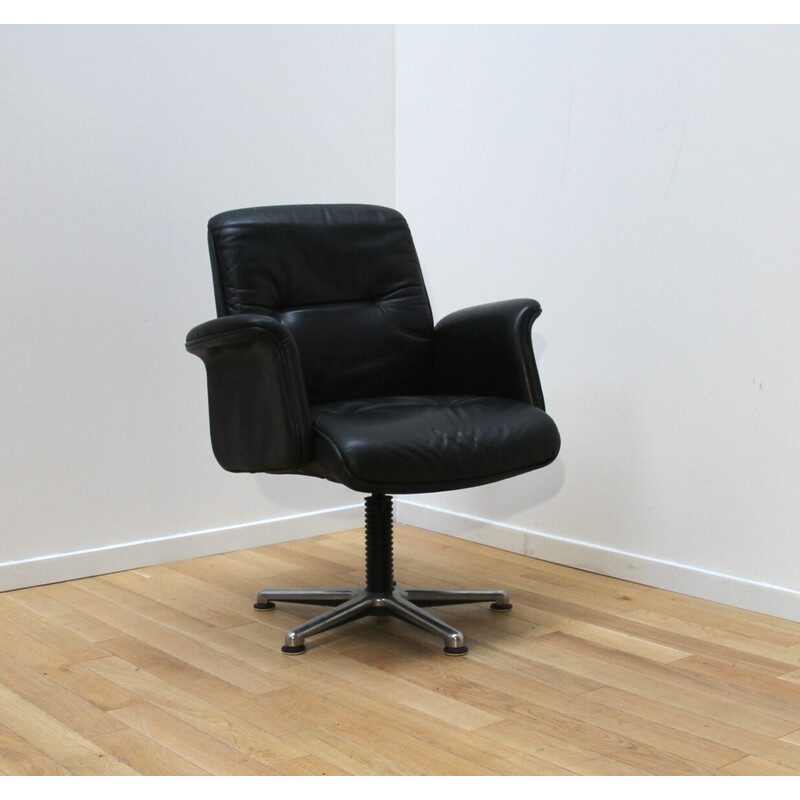 Vintage office armchair in chrome metal and black leather