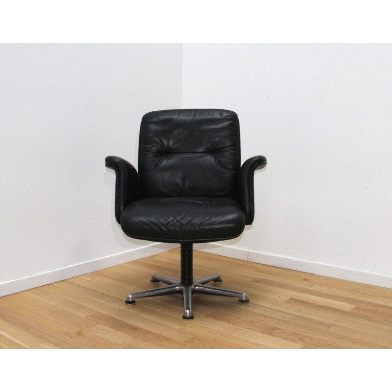 Vintage office armchair in chrome metal and black leather