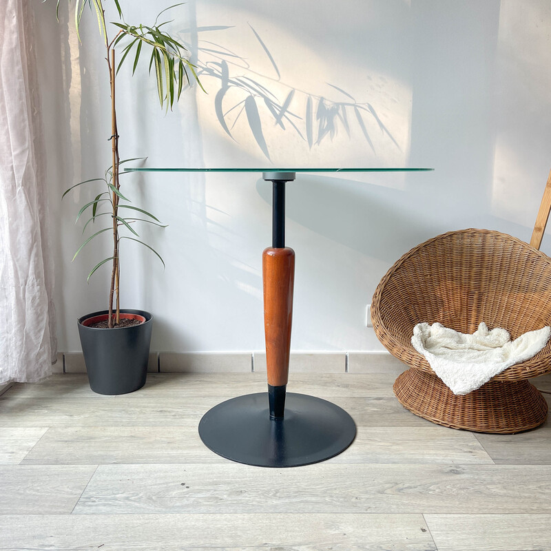 Vintage round mushroom table in wood and glass, 1970