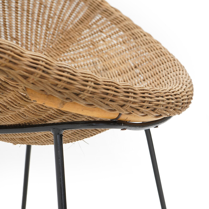 Vintage armchair in woven rattan and metal, Italy 1950