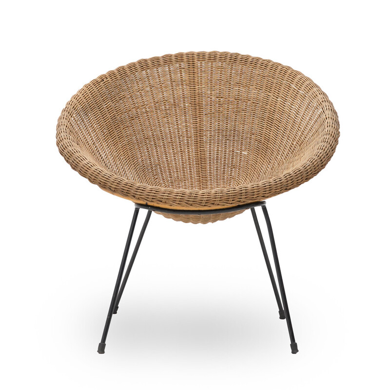 Vintage armchair in woven rattan and metal, Italy 1950