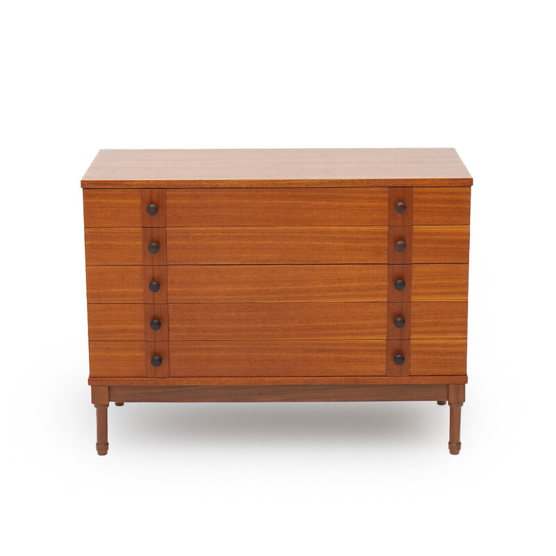 Vintage teak veneer chest of drawers with wooden knobs, Italy 1960