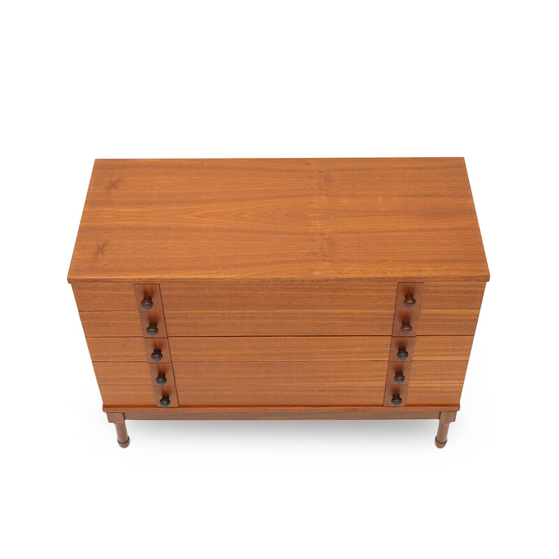 Vintage teak veneer chest of drawers with wooden knobs, Italy 1960