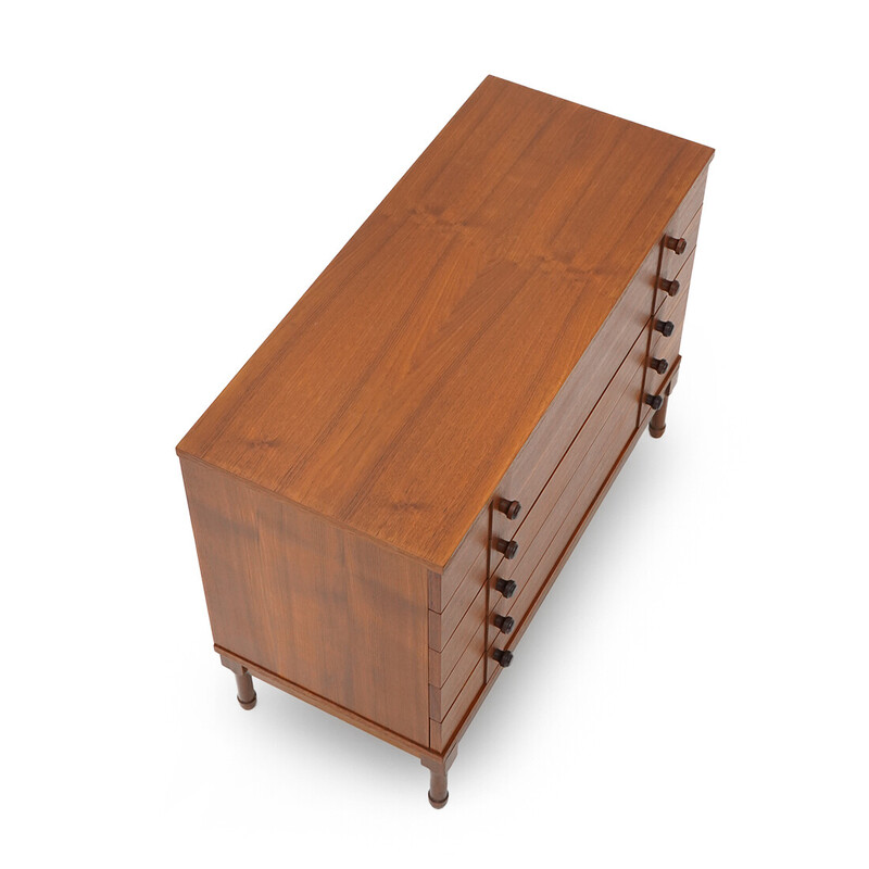 Vintage teak veneer chest of drawers with wooden knobs, Italy 1960