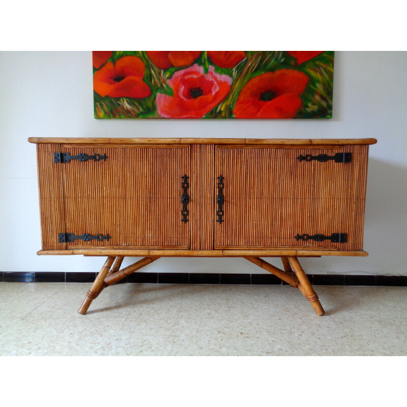 Vintage 2 doors rattan highboard - 1950s