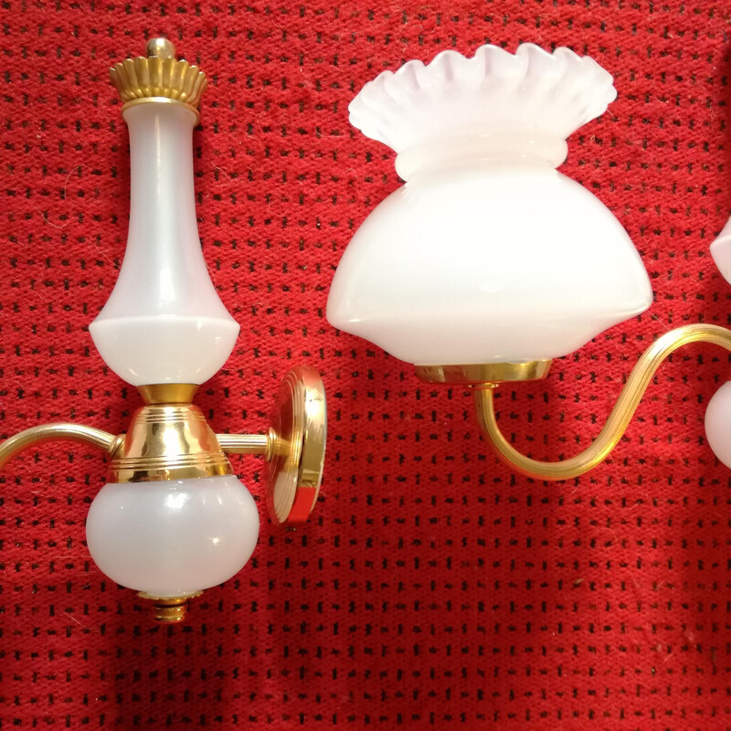 Pair of vintage swan neck wall lights in gold metal and opaline glass, 1970