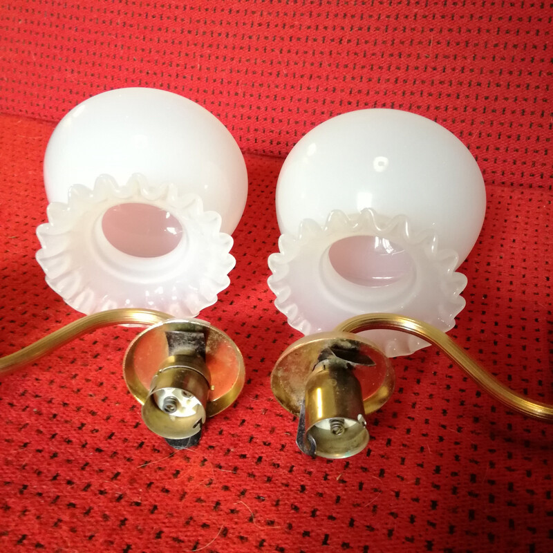 Pair of vintage swan neck wall lights in gold metal and opaline glass, 1970