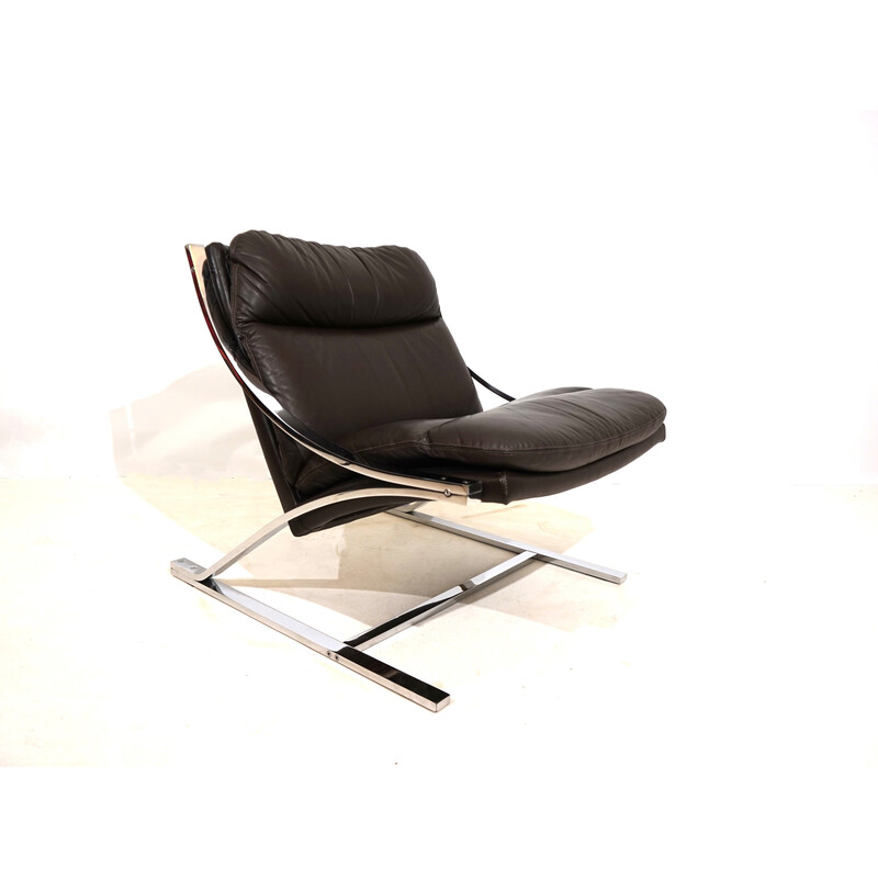Vintage "Z" armchair in leather and stainless steel by Paul Tuttle for Strässle International, Switzerland 1970