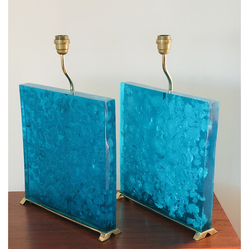 Paire de pieds de lampe vintage en résine fractale bleu turquoise et laiton, Italie 1980