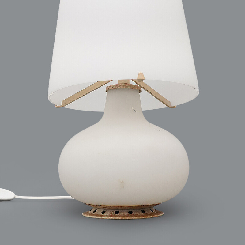 Pair of vintage model 1853 table lamps in metal and opaline glass by Max Ingrand for Fontana Arte, 1960