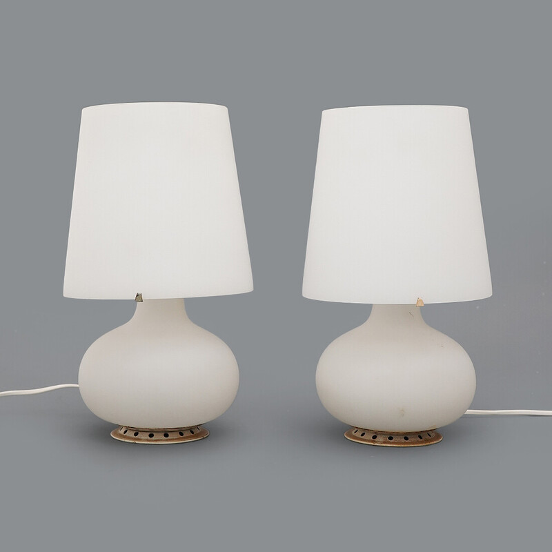 Paar vintage model 1853 tafellampen in metaal en opaline glas door Max Ingrand voor Fontana Arte, 1960