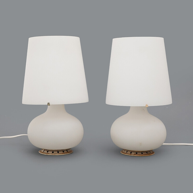 Pair of vintage model 1853 table lamps in metal and opaline glass by Max Ingrand for Fontana Arte, 1960