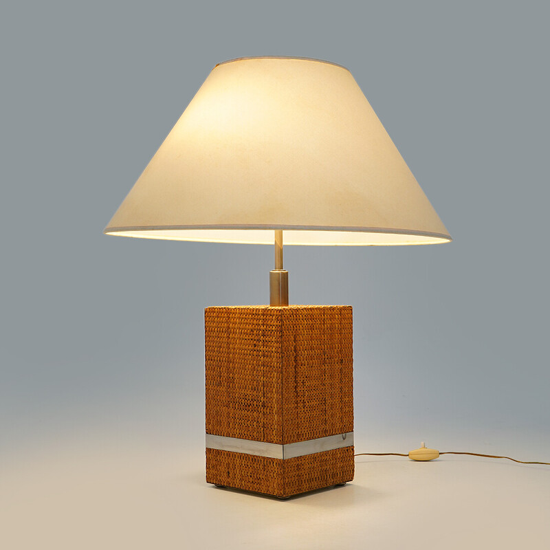 Lampe de table vintage en rotin et métal par Tommaso Barbi, 1970