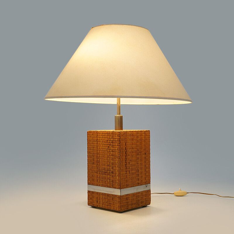 Vintage rattan and metal table lamp by Tommaso Barbi, 1970