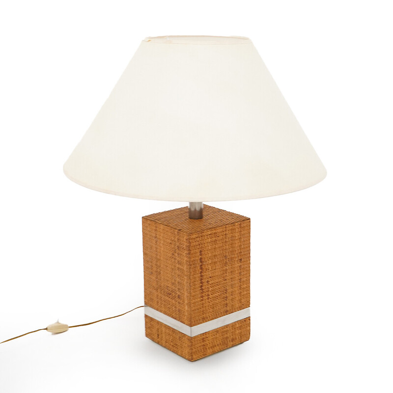 Vintage rattan and metal table lamp by Tommaso Barbi, 1970