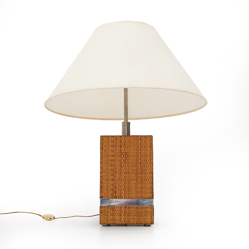 Vintage rattan and metal table lamp by Tommaso Barbi, 1970