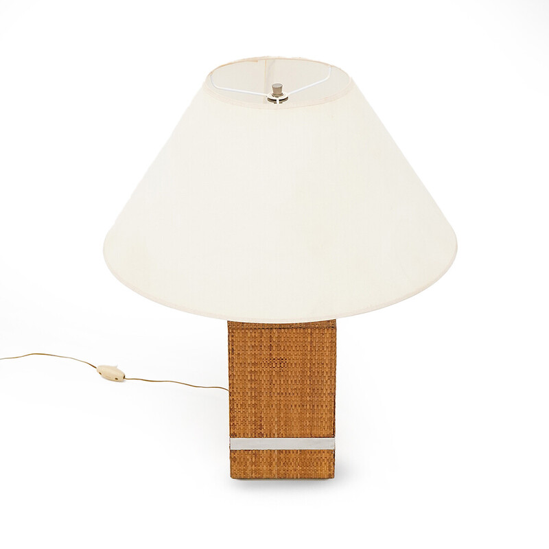 Lampe de table vintage en rotin et métal par Tommaso Barbi, 1970