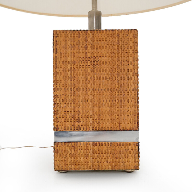 Vintage rattan and metal table lamp by Tommaso Barbi, 1970