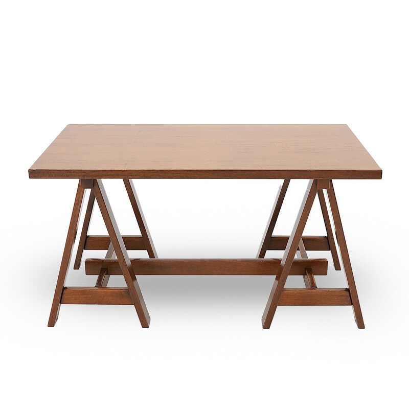 Vintage veneered wood desk with trestles, Italy 1970