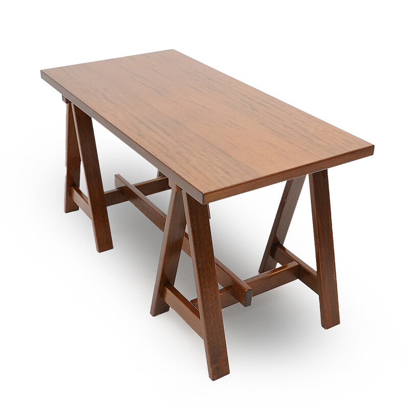 Vintage veneered wood desk with trestles, Italy 1970