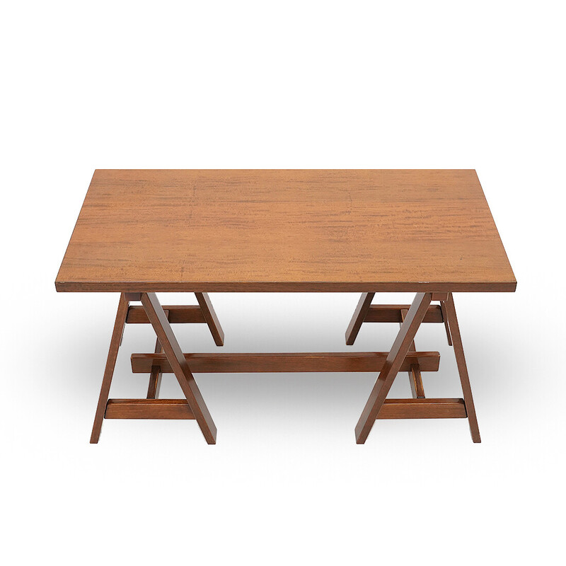 Vintage veneered wood desk with trestles, Italy 1970