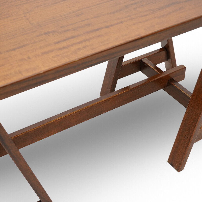 Vintage veneered wood desk with trestles, Italy 1970