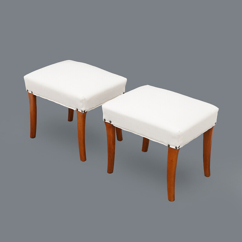 Pair of padded wooden and white fabric stools, Italy 1950